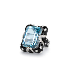 Bague Cocktail ANDRÉOLI Santa Maria en or blanc, résine, aigue-marine et diamants