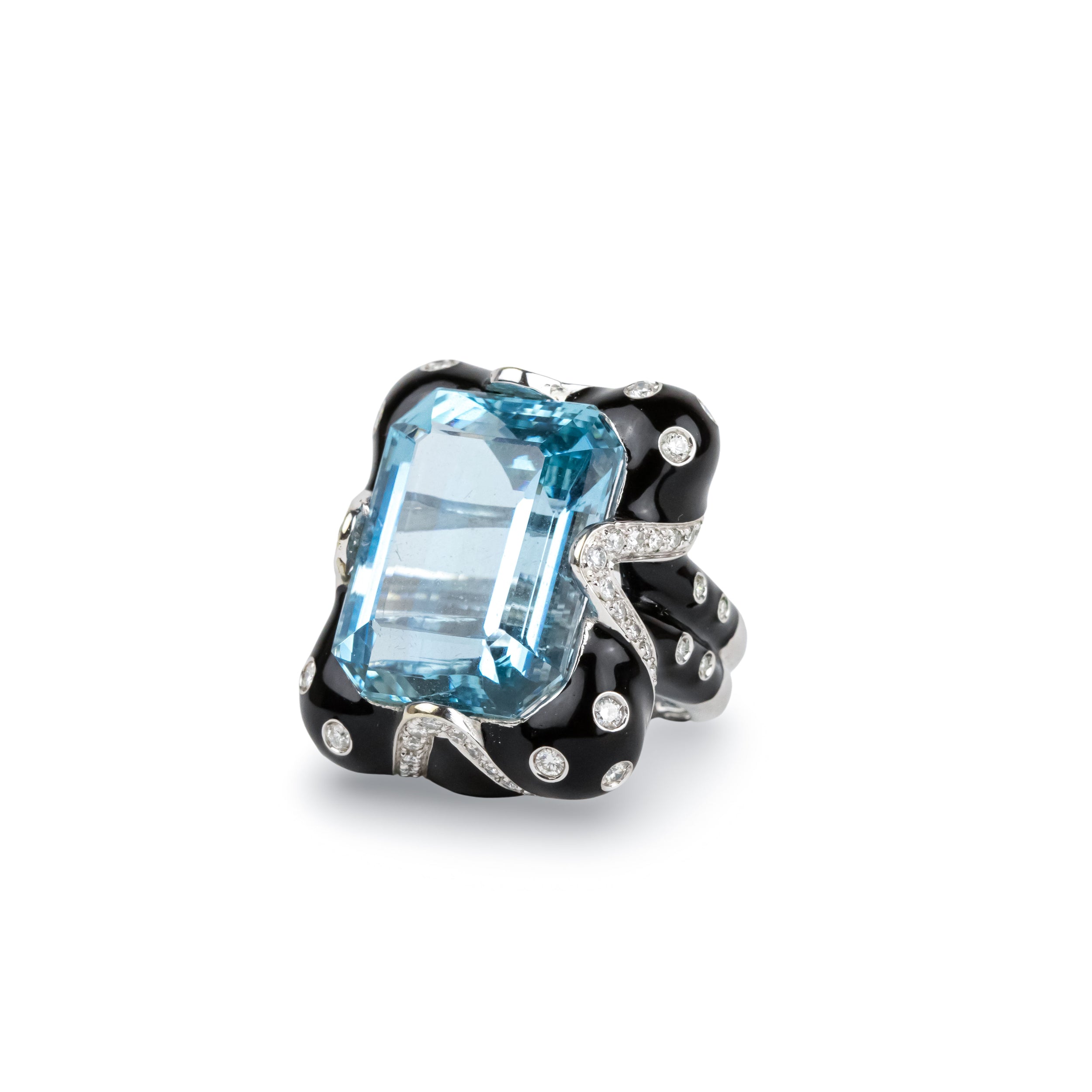 Bague Cocktail ANDRÉOLI Santa Maria en or blanc, résine, aigue-marine et diamants