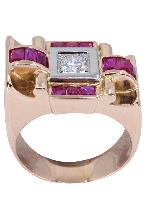 Bague tank en or jaune et or blanc, rubis et diamants