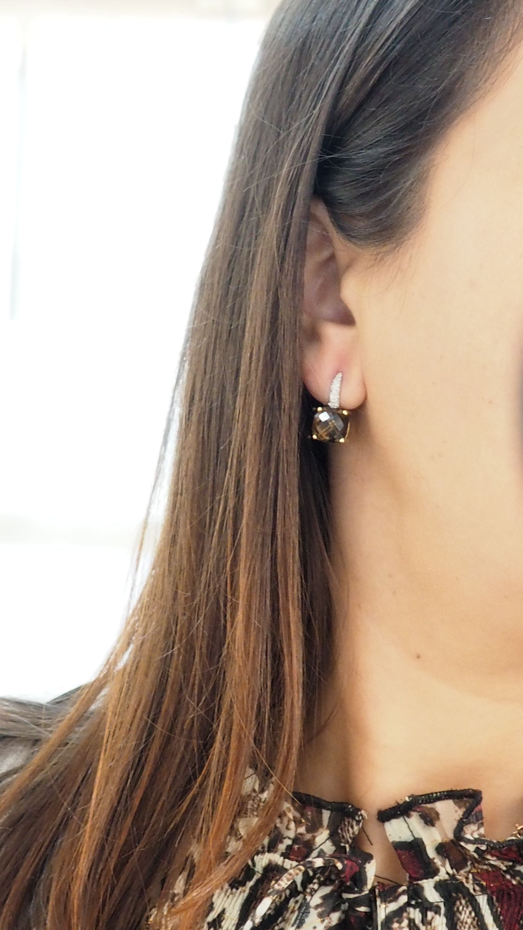Yellow gold, smoky quartz and diamond earrings 