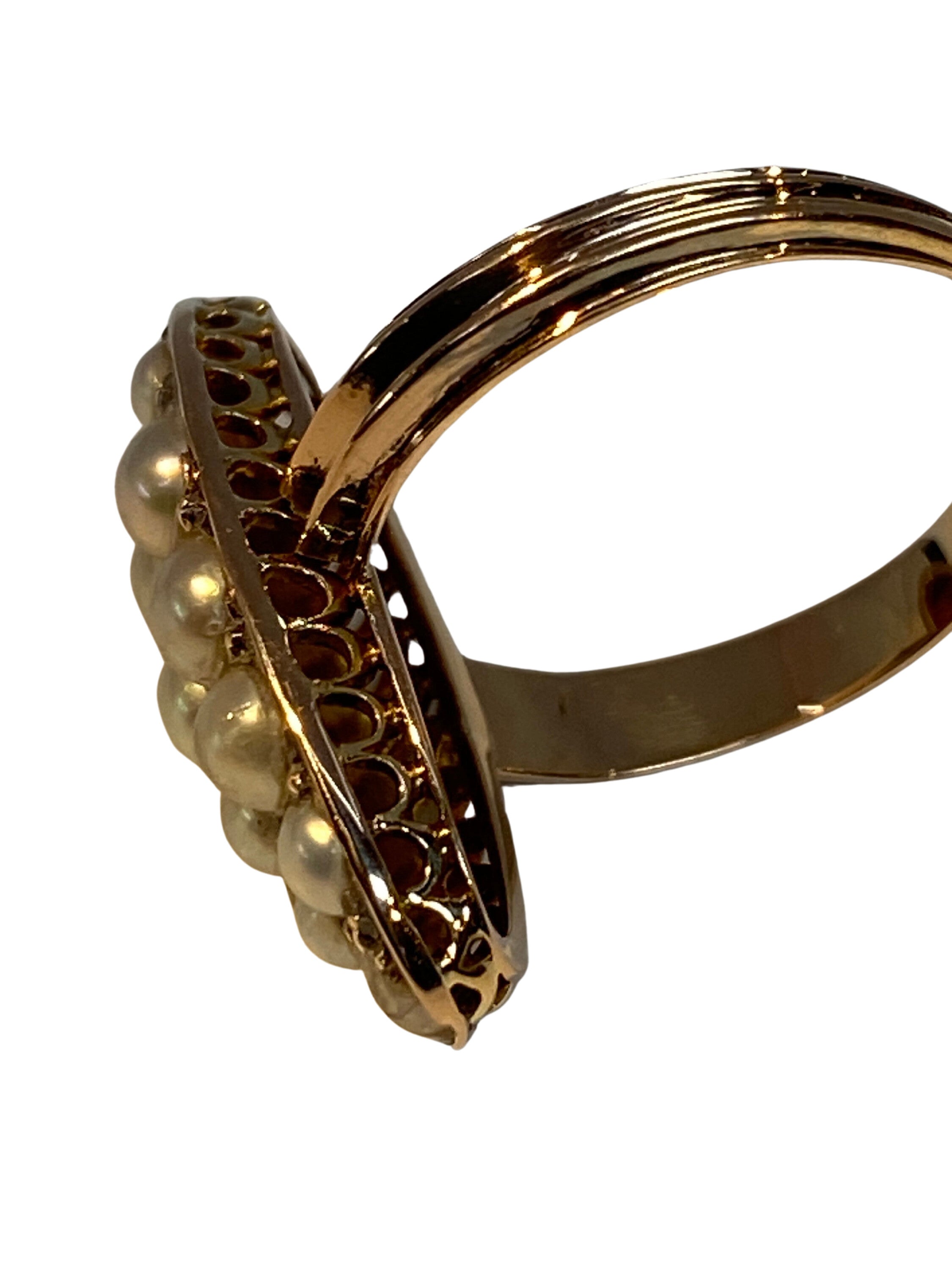 Bague en or 18 carats «  marquise »sertie de perles fines et diamants vers 1880