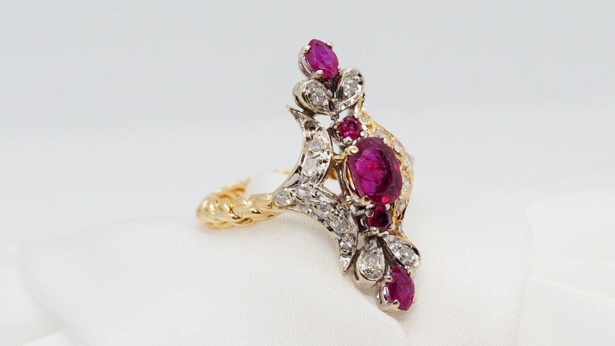 Marquise Ring In Two-tone Gold, Rubies And Diamonds