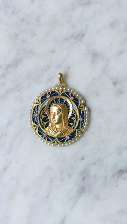 Médaille Vierge Marie émail plique à jour, perles et diamants - Castafiore