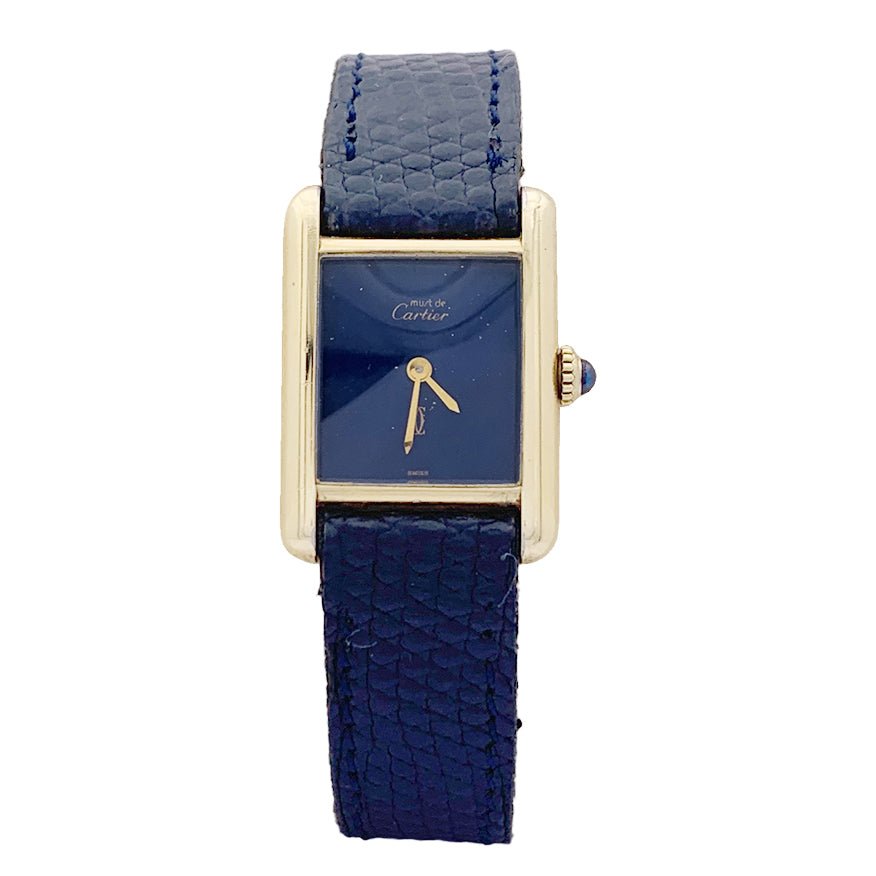 Montre CARTIER "Tank Must" argent plaqué or, cadran laqué bleu. - Castafiore