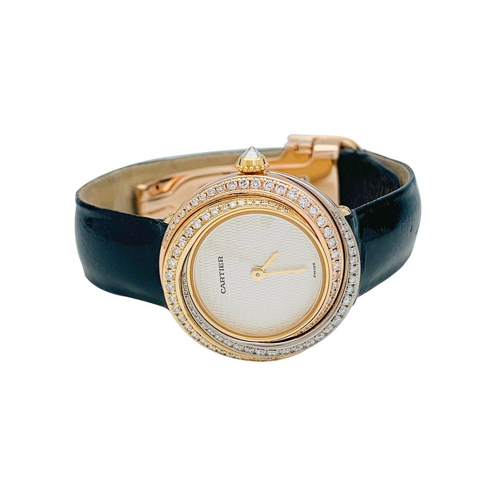 Montre Cartier "Trinity", 3 ors, diamants, cuir. - Castafiore