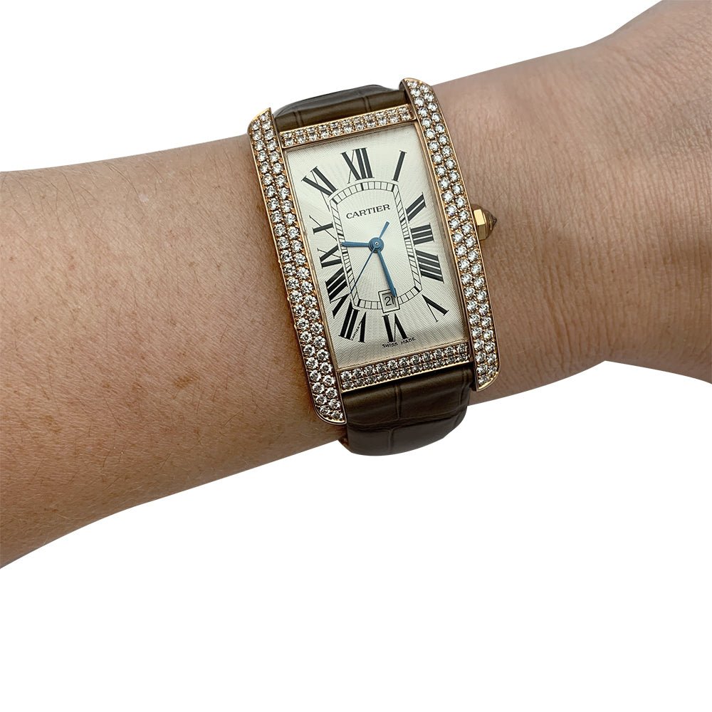 Montre Cartier,"Tank Américaine", or rose, diamants. - Castafiore