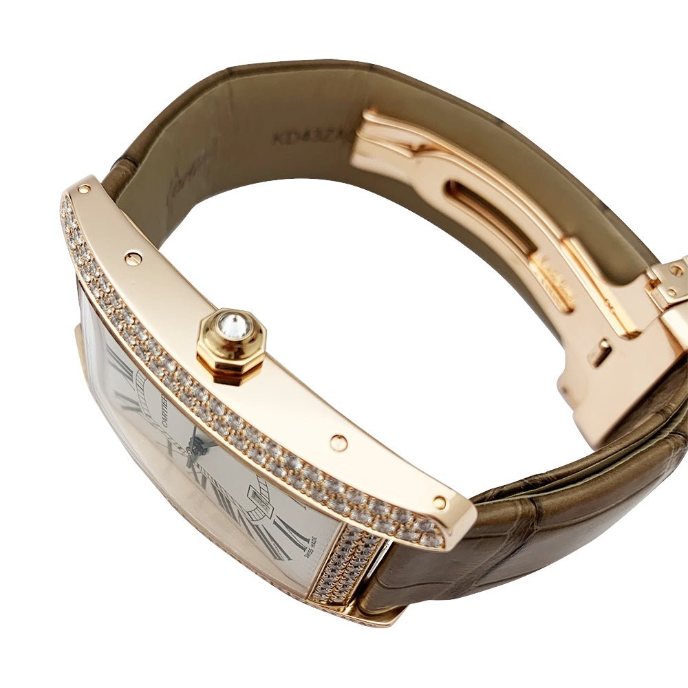 Montre Cartier,"Tank Américaine", or rose, diamants. - Castafiore
