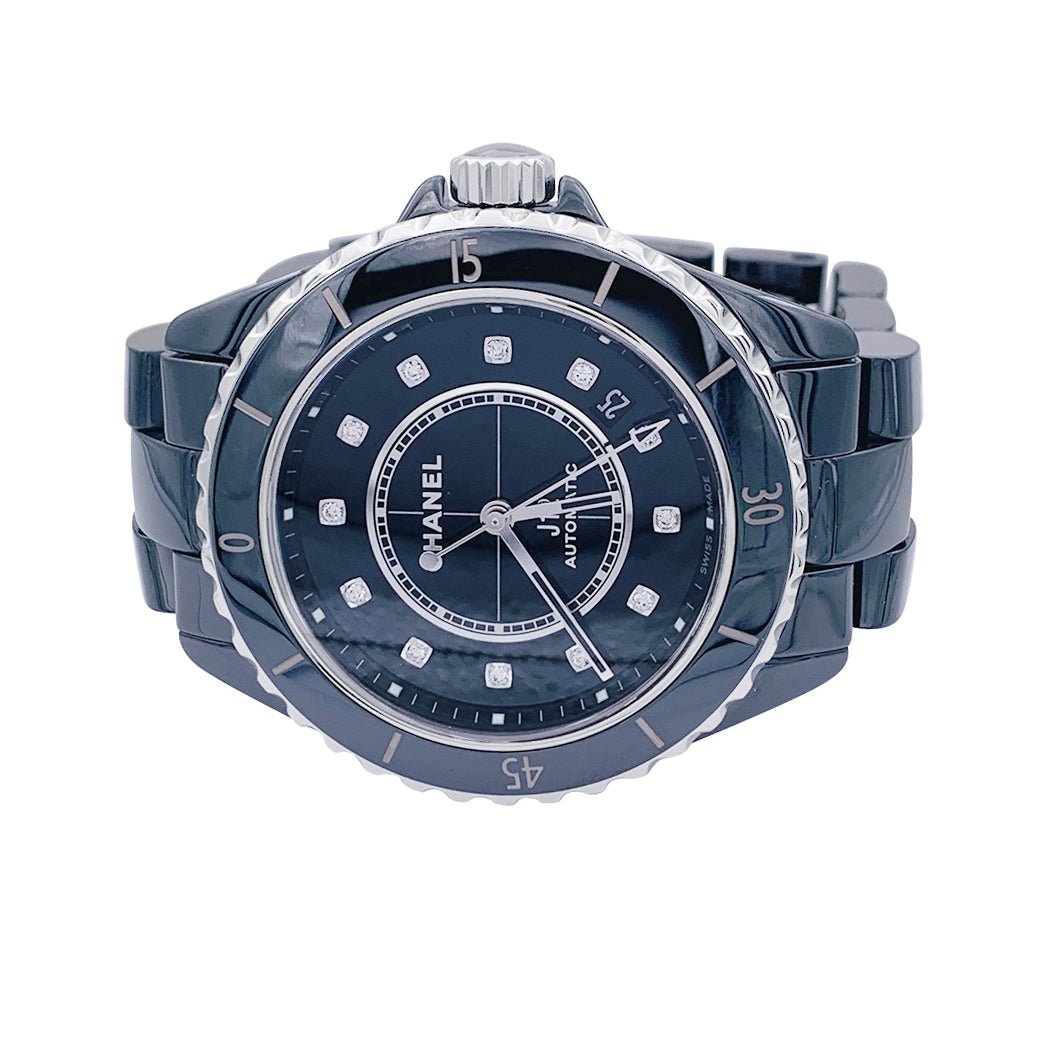 Montre Chanel J12 céramique noire, diamants. - Castafiore