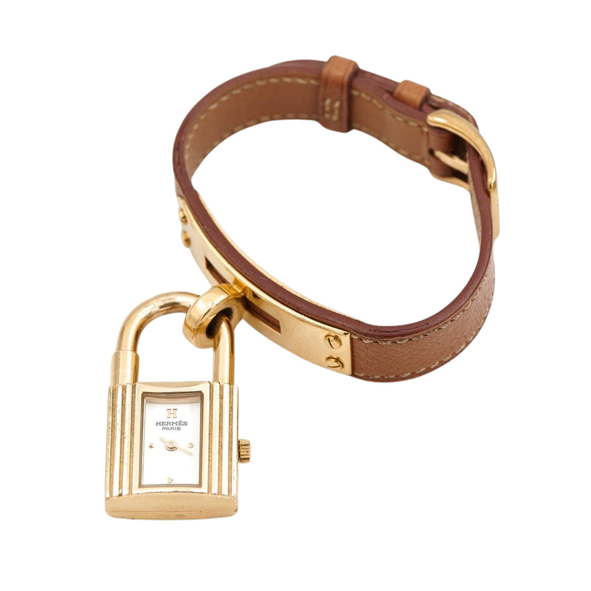 Montre HERMÈS "Kelly" plaqué or et cuir marron - Castafiore