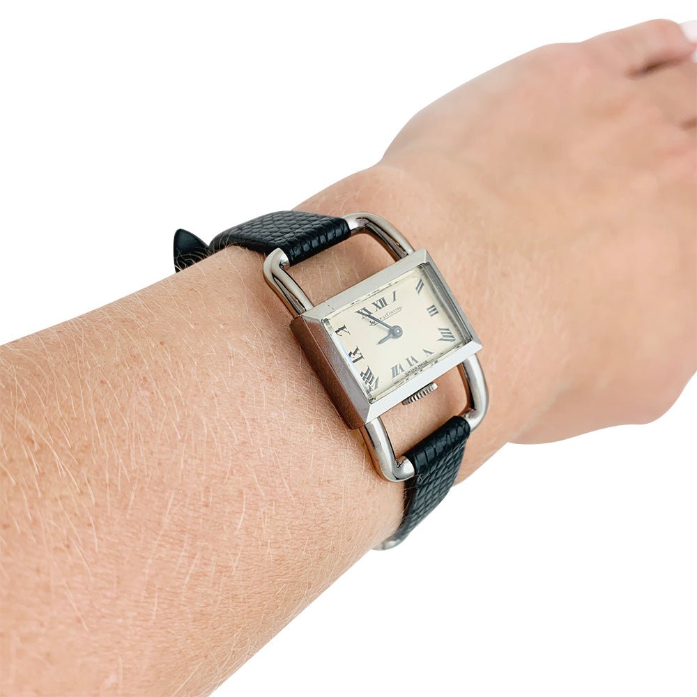 Montre Jaeger Lecoultre,"Etrier", acier sur cuir. - Castafiore