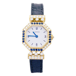 Montre Mécanique CARTIER "Andine" en or jaune, or rose, cuir saphirs et diamants - Castafiore