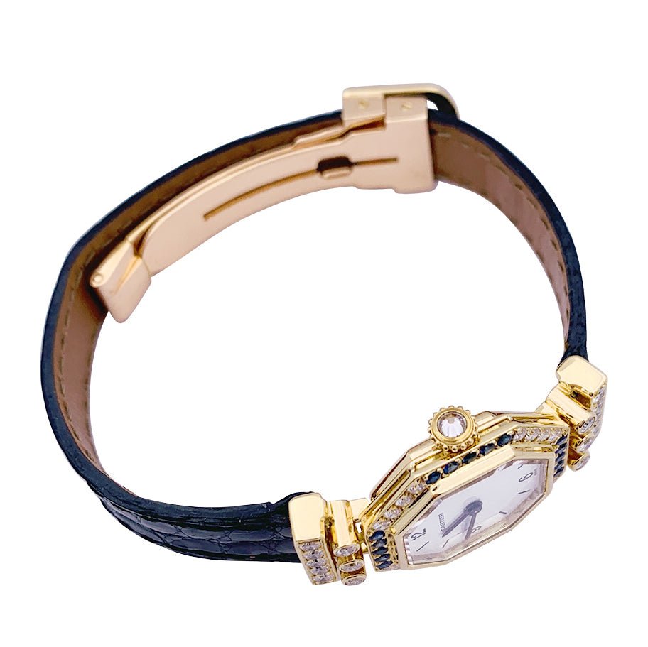 Montre Mécanique CARTIER "Andine" en or jaune, or rose, cuir saphirs et diamants - Castafiore