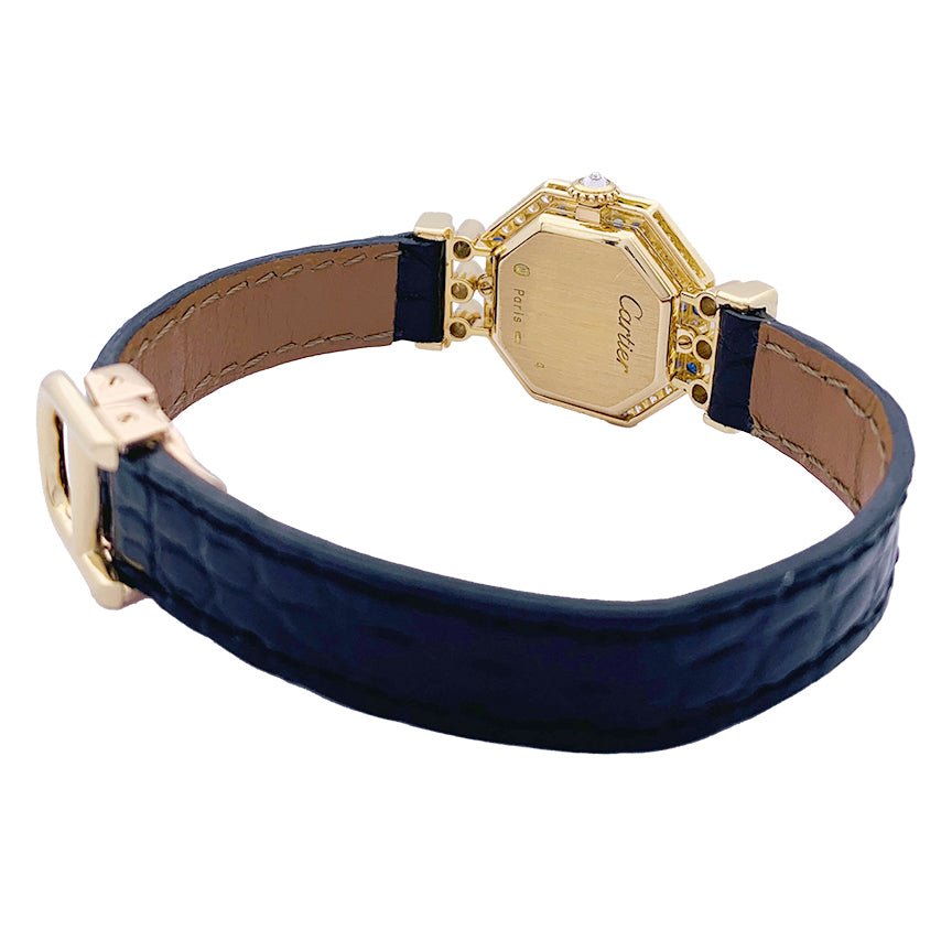 Montre Mécanique CARTIER "Andine" en or jaune, or rose, cuir saphirs et diamants - Castafiore