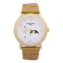 Montre PATEK PHILIPPE "Calatrava Moon Phase" or jaune, nacre, diamants, cuir. - Castafiore