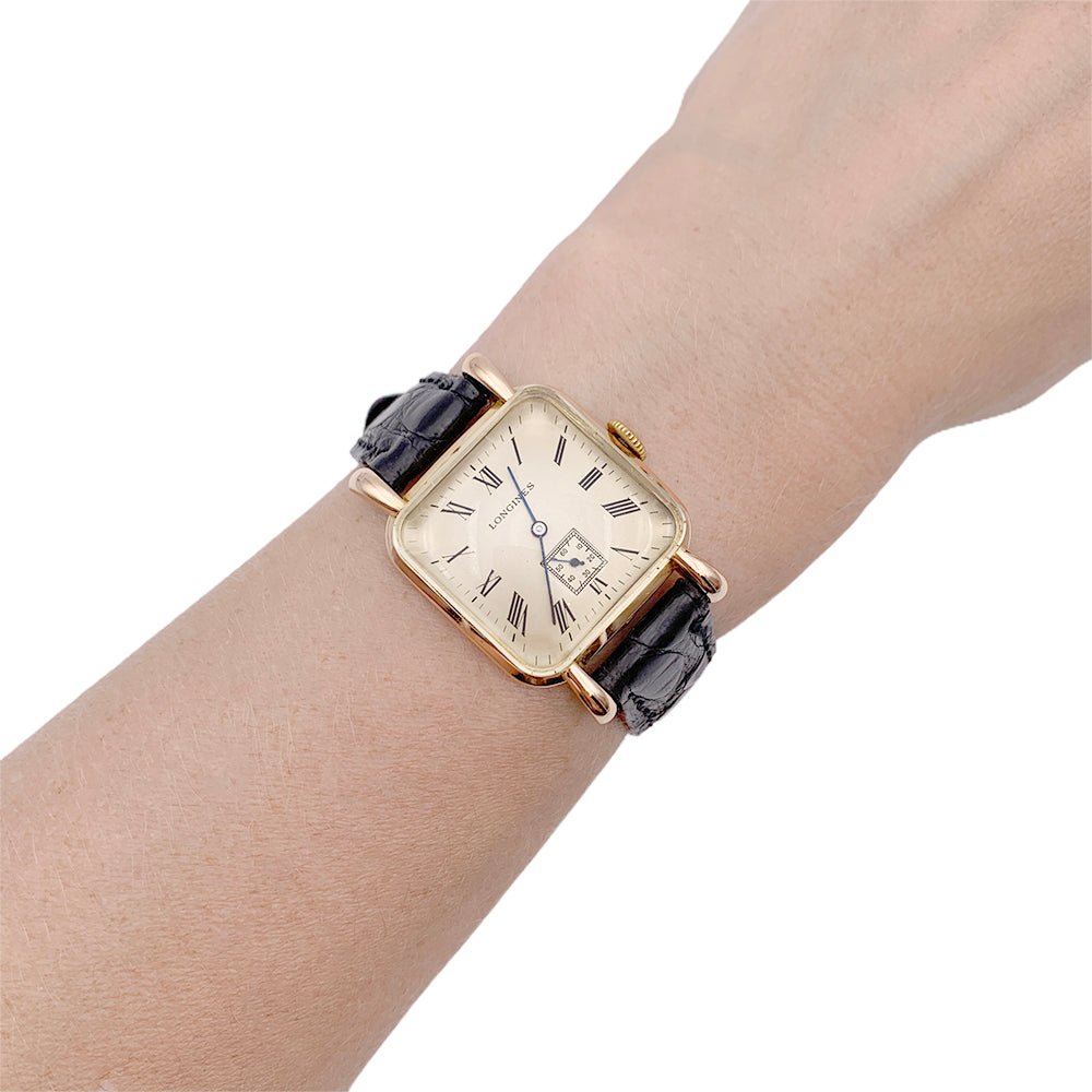 Montre vintage Longines, or rose, cuir. - Castafiore