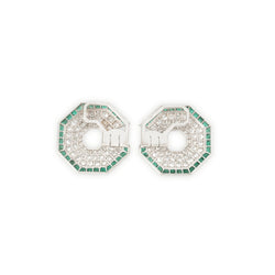 Paire de boucles d'oreilles en or blanc, diamants et émeraudes - Castafiore