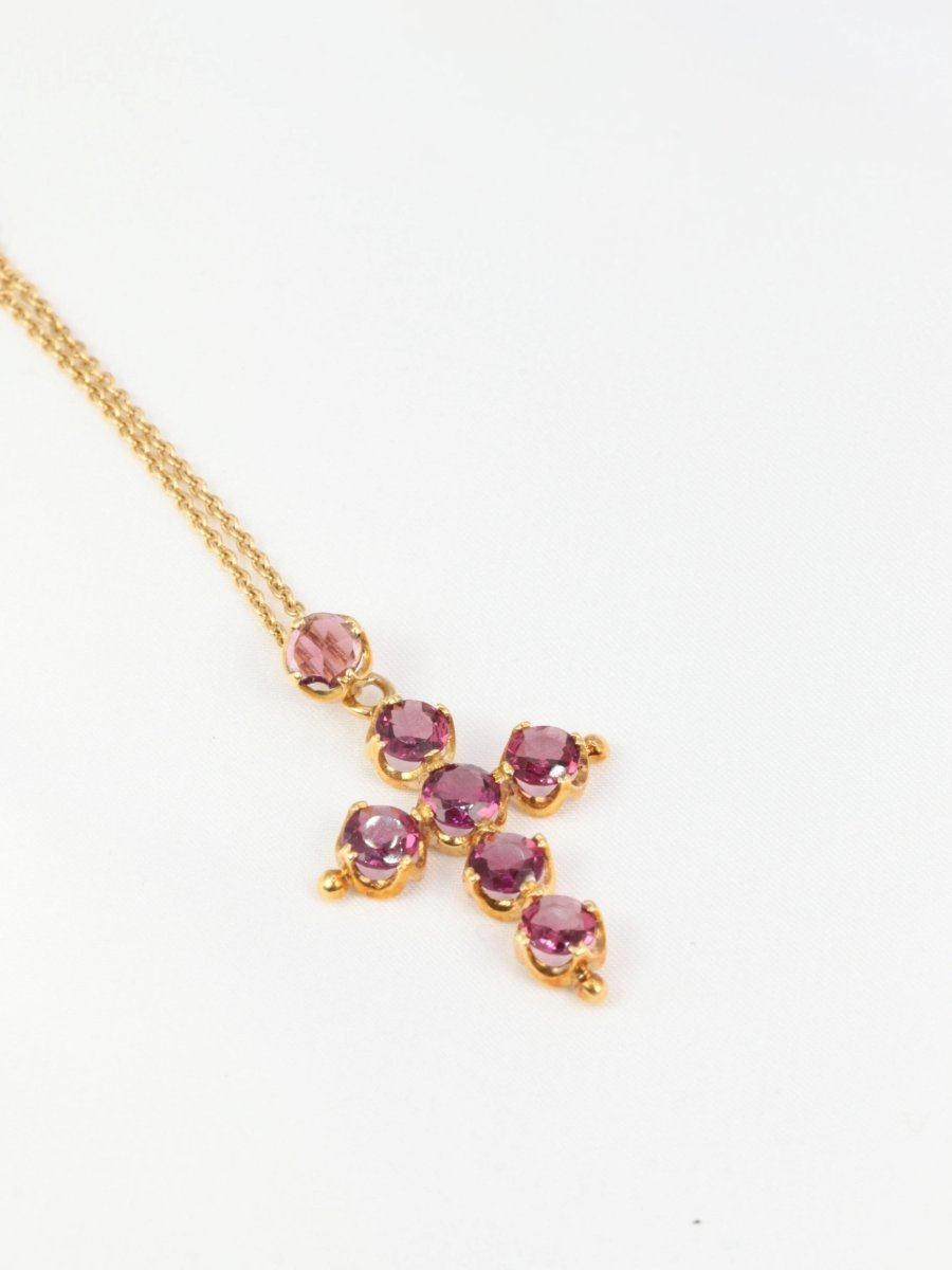 Pendentif croix ancien en or et grenats roses, fin XIXème - Castafiore