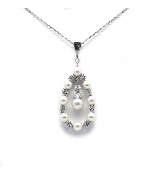 Pendentif goutte en or blanc, diamants et perles - Castafiore