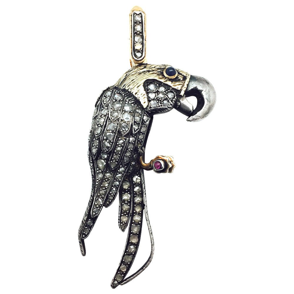 Pendentif "Perroquet" en or jaune et argent, rubis, saphirs et diamants - Castafiore