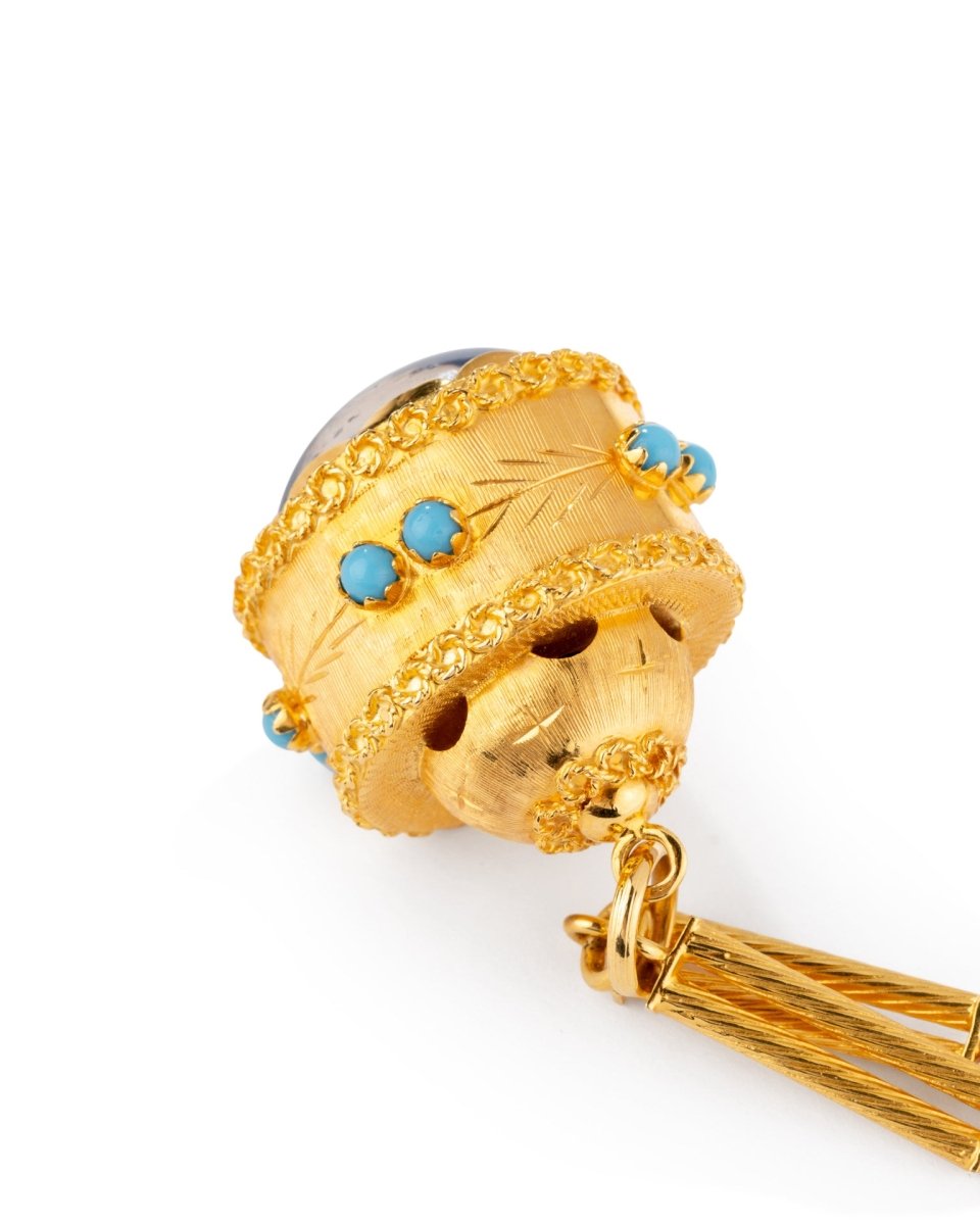 Sautoir en or jaune torsadé formé de bâtonnets et pendentif breloque avec turquoise - Castafiore