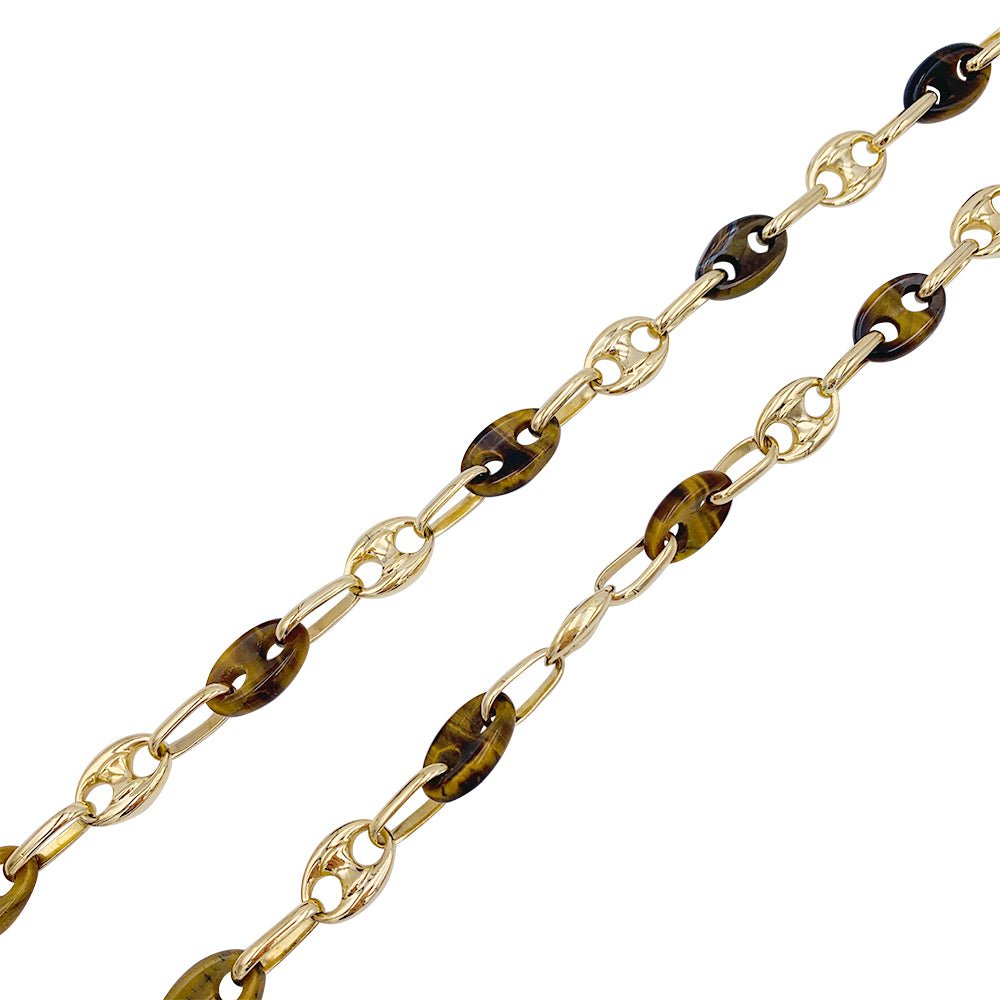 Sautoir vintage grains de café, or jaune et oeil de tigre - Castafiore