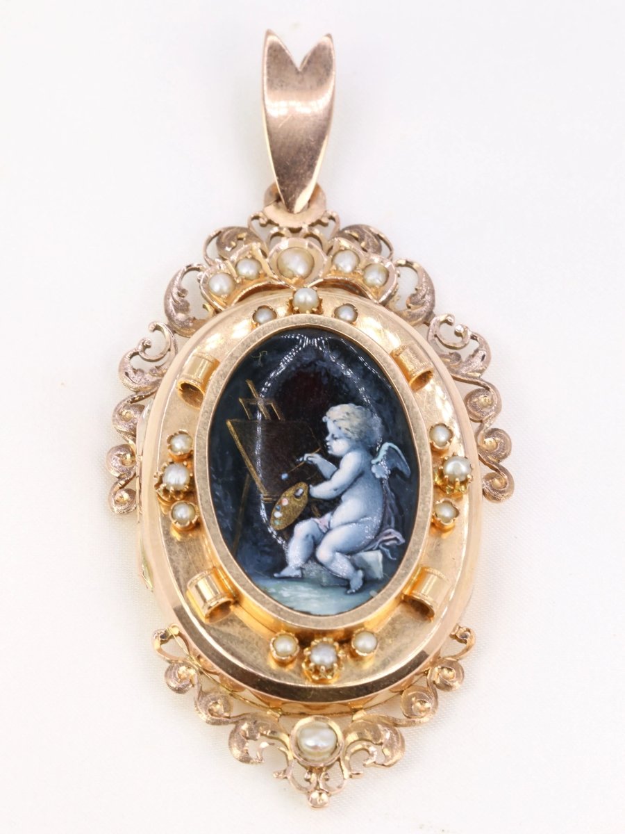 SAVARD Pendentif ancien porte-photo en or, émail et perles fines - Castafiore