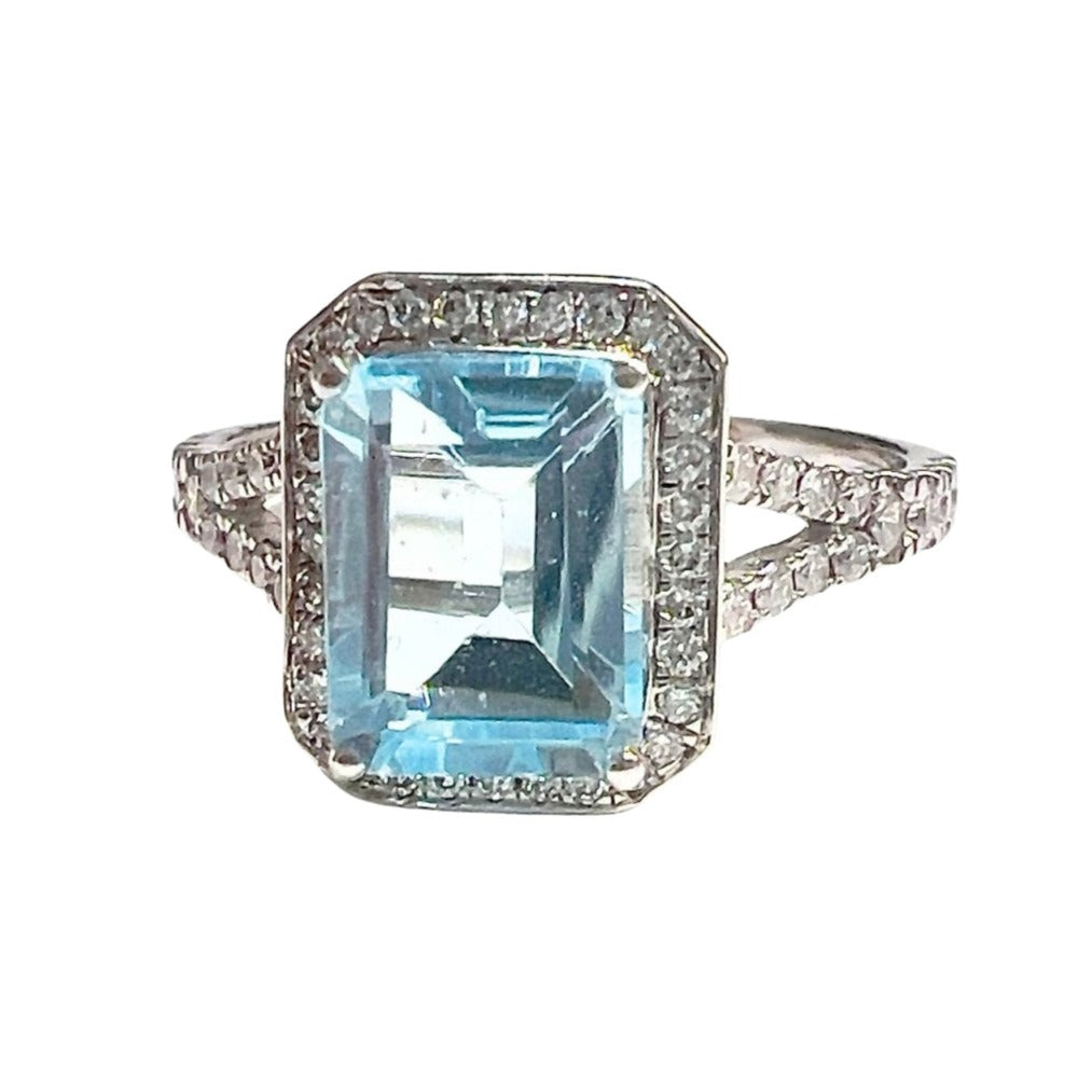 SORTIJA DISEÑO CONTEMPORANEO SIGLO XX de ORO 18 kts con DIAMANTES y AGUAMARINA - Castafiore