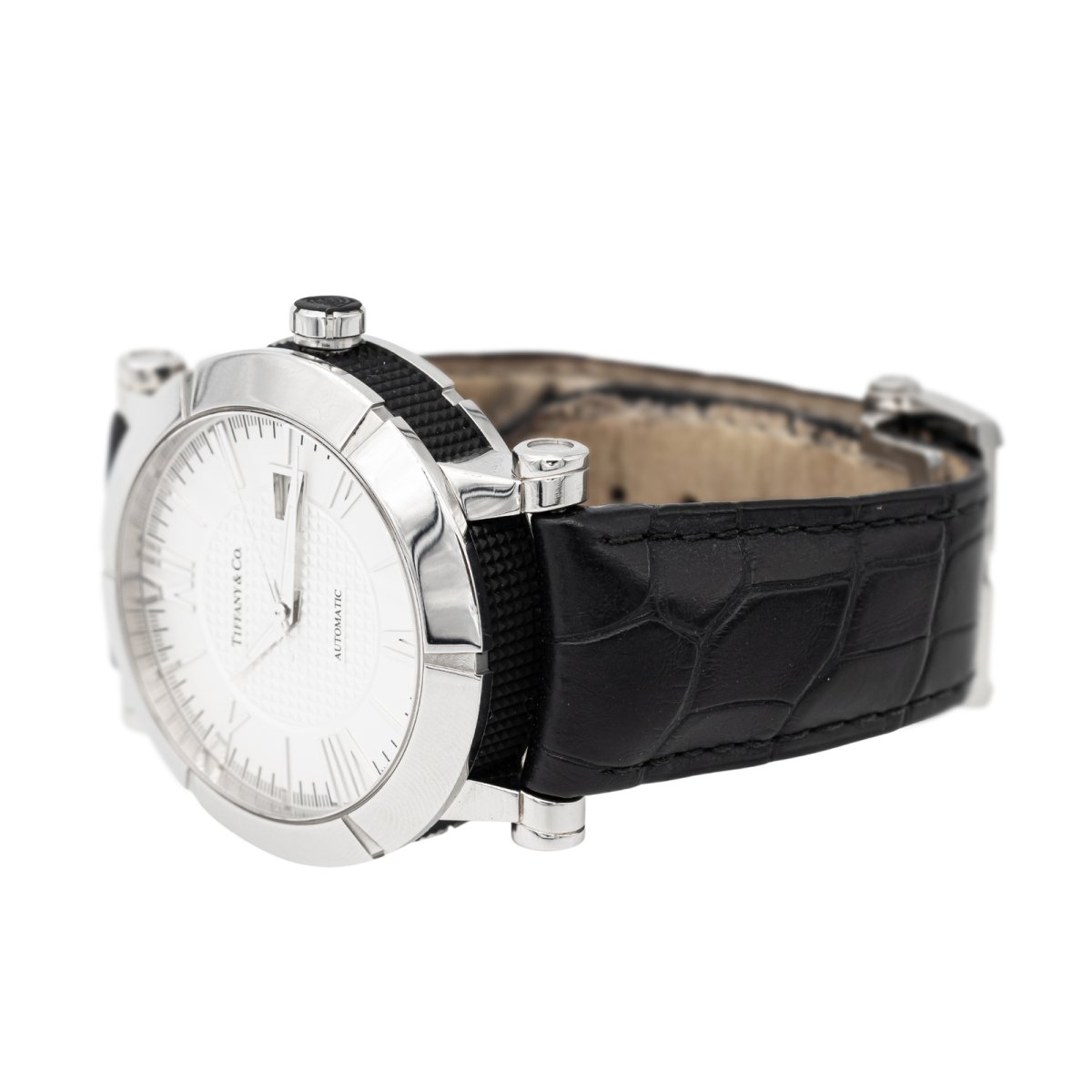 Tiffany & Co Atlas Date Automatic Watch White Dial Ceramic SS Leather Strap Pawn Tiffany Atlas Watch - 16 For Sale on 1stDibs | tiffany & co  main image 4