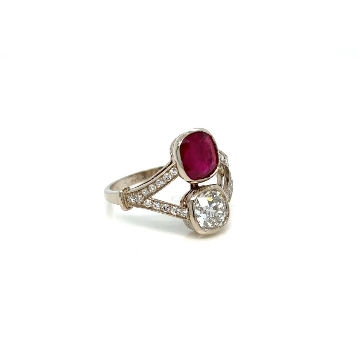 Victorian Certified Natural Unheated Ruby Diamond Vous et Moi Ring - Castafiore